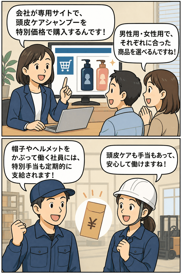 着帽手当の仕組みを漫画で説明する画像。企業が専用サイトで男女別の頭皮ケアシャンプーを特別価格で購入し、帽子やヘルメットをかぶって働く社員へ定期的に手当を支給する制度を紹介している。