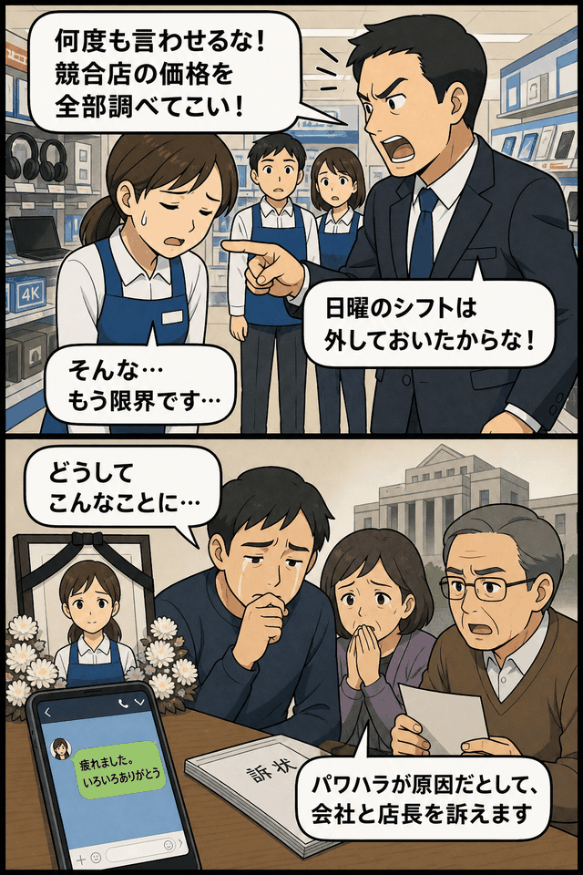 大津市の家電量販店でパート女性が店長からパワハラを受け自殺し、遺族が会社と店長を提訴した経緯を描いた漫画風イメージ