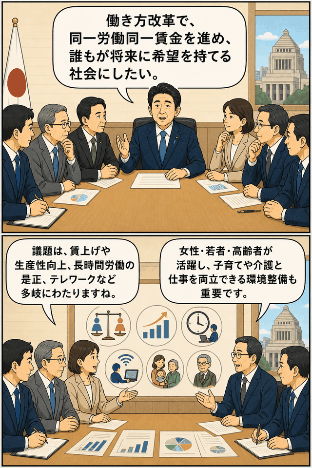 第1回「働き方改革実現会議」で、安倍総理が同一労働同一賃金、長時間労働の是正、賃金引き上げ、テレワーク、女性・若者・高齢者の活躍促進について発言する漫画風イラスト