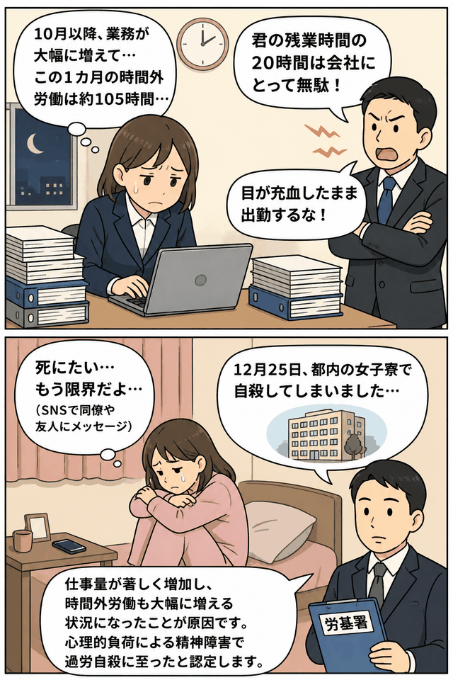 広告大手会社の女性新入社員が長時間労働や上司の叱責により精神的負荷を受け、自殺後に労災認定された過労自殺事例を描いた漫画