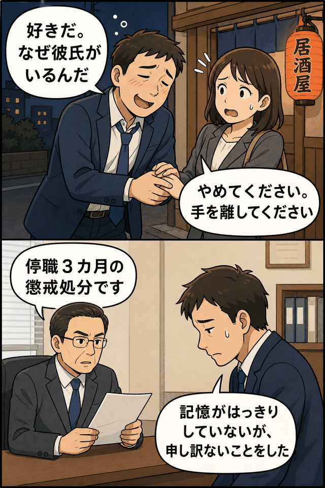 神戸市教育委員会が、同僚女性教諭へのセクハラ行為を理由に中学校の男性教諭を停職3カ月の懲戒処分とした事案を描いた漫画風イメージ