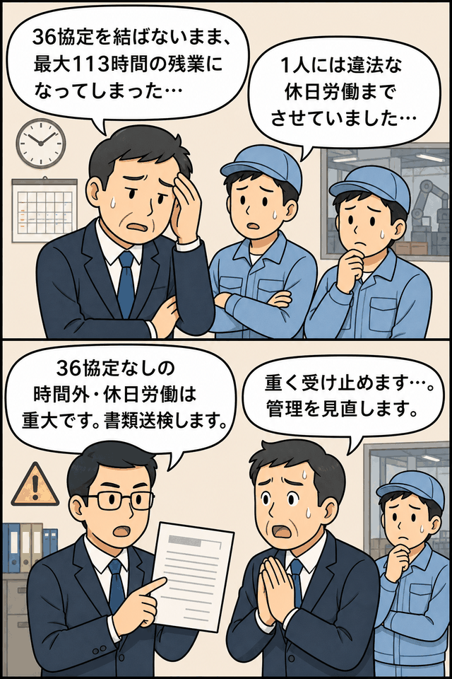 36協定を締結せず最大113時間の残業や違法な休日労働をさせた製造業会社が書類送検される場面を描いた漫画イラスト