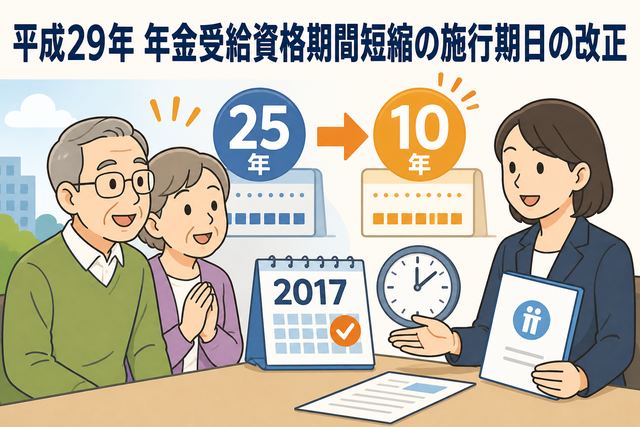 平成29年に年金受給資格期間が25年から10年へ短縮される制度改正を説明する相談風景