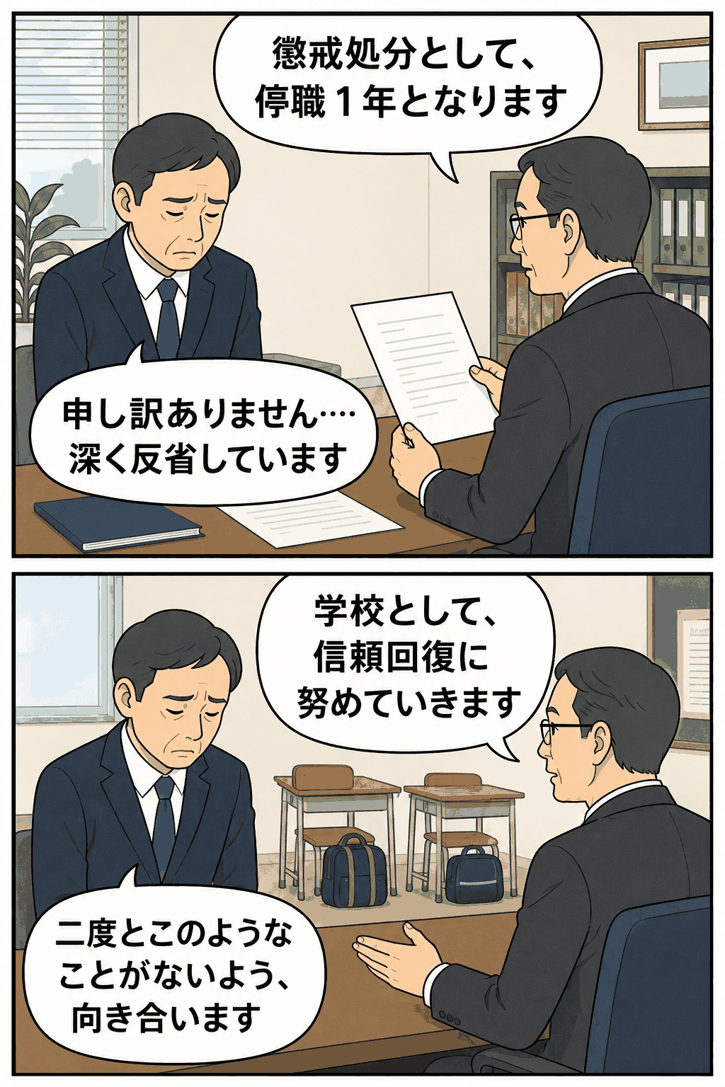 山形県の高校教諭が生徒へのセクハラ行為で停職1年の懲戒処分を受け、学校側が信頼回復に努める様子を描いた漫画