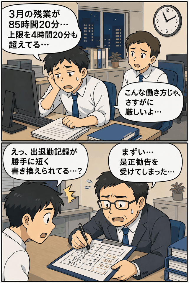 大手新聞社の東京本社で、月85時間20分の時間外労働や出退勤記録の無断書き換えが発覚し、労基署から是正勧告を受けた問題を描いた漫画