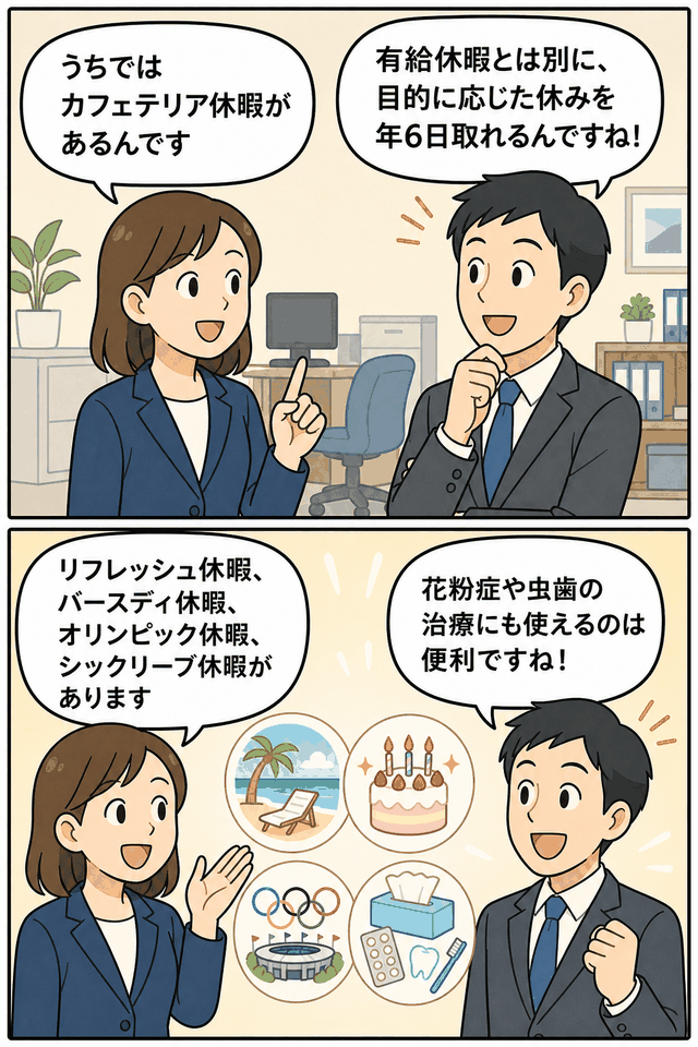 カフェテリア休暇制度を説明する漫画風アイキャッチ画像。有給休暇とは別に年間6日、リフレッシュ休暇やバースディ休暇、シックリーブ休暇などを取得できる制度