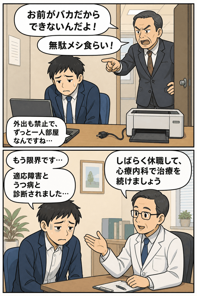 出版社社員が経営陣から罵声や隔離などのパワハラを受け、適応障害とうつ病で休職し、損害賠償を求めて提訴した事案を描いた漫画
