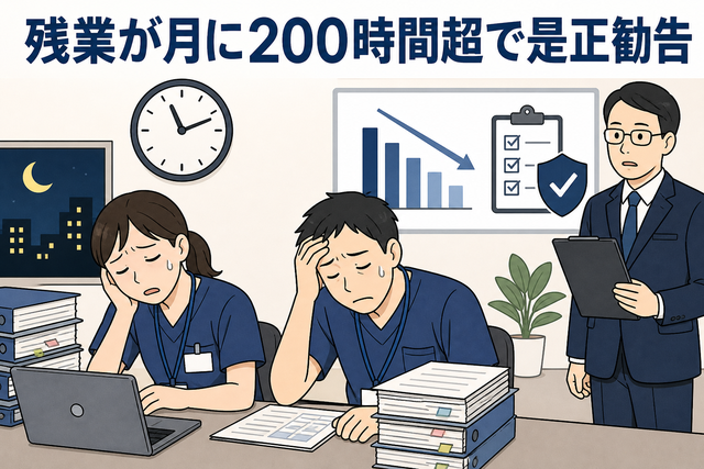 病院職員2人が月200時間超の残業を行い、労働基準監督署から是正勧告を受けたことを示すイラスト