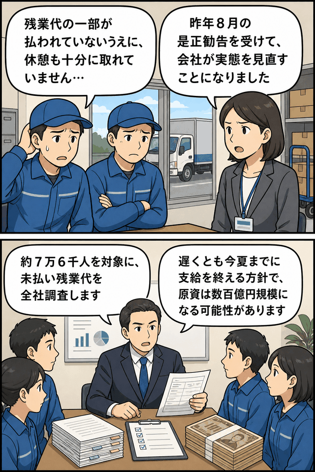 宅配便大手が是正勧告を受け、約7万6千人を対象に未払い残業代を全社調査する様子を描いた漫画イラスト