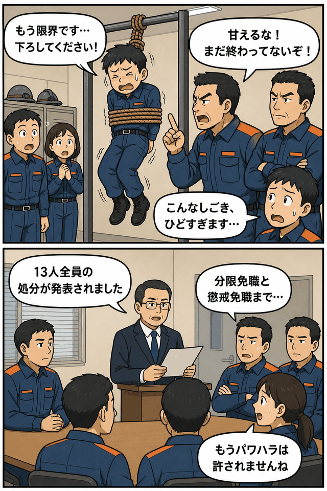 福岡県の消防本部で発覚したパワハラ問題を描いた漫画イラスト。若手消防職員がロープで宙づりにされ、13人全員の処分が発表される場面。