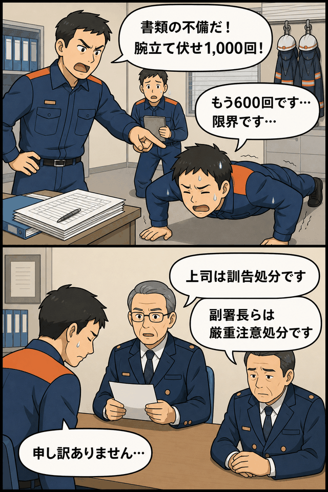 消防署の上司が書類不備を理由に部下へ腕立て伏せ1,000回を命じ、処分を受けるパワハラ事案の漫画イラスト