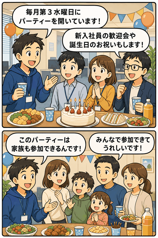 毎月第3水曜日に社員パーティーを開催し、新入社員歓迎会や誕生日祝い、家族参加も楽しめるモバイルゲーム会社の漫画風イラスト