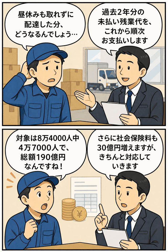 宅配大手が昼休み中の配達分を含む過去2年分の未払い残業代190億円を従業員に順次支払うことを説明する漫画