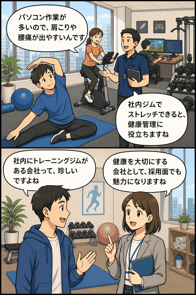 ゲーム開発会社の社内トレーニングジムで、社員がストレッチやランニング、トレーナーとの健康相談を行う様子