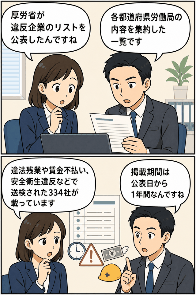 厚生労働省が公表した労働基準関係法令違反企業リストについて、違法残業や賃金不払い、安全衛生違反、掲載期間を解説する会話形式の漫画イラスト