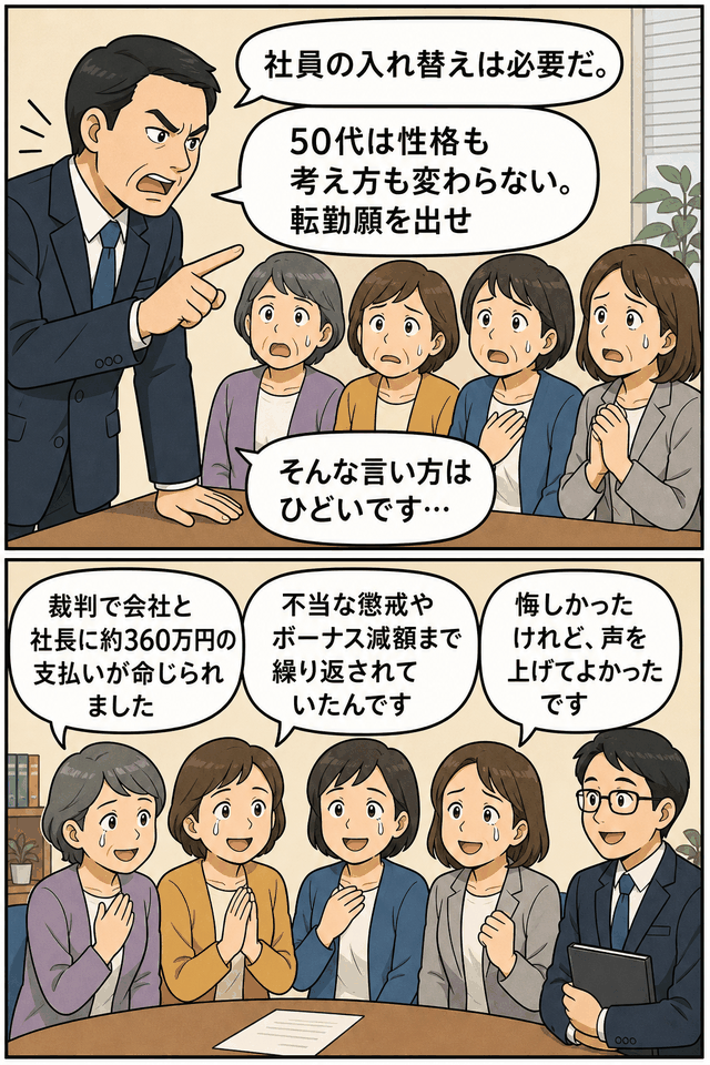 代表取締役が50代女性社員に転勤願の提出を迫り、裁判で会社と社長に損害賠償が命じられたパワハラ事例の漫画