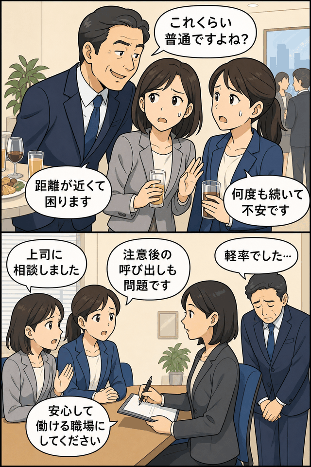 滋賀県の管理職男性職員が部下女性職員へのセクハラ行為で停職4か月の懲戒処分を受けた事案を説明する漫画イラスト