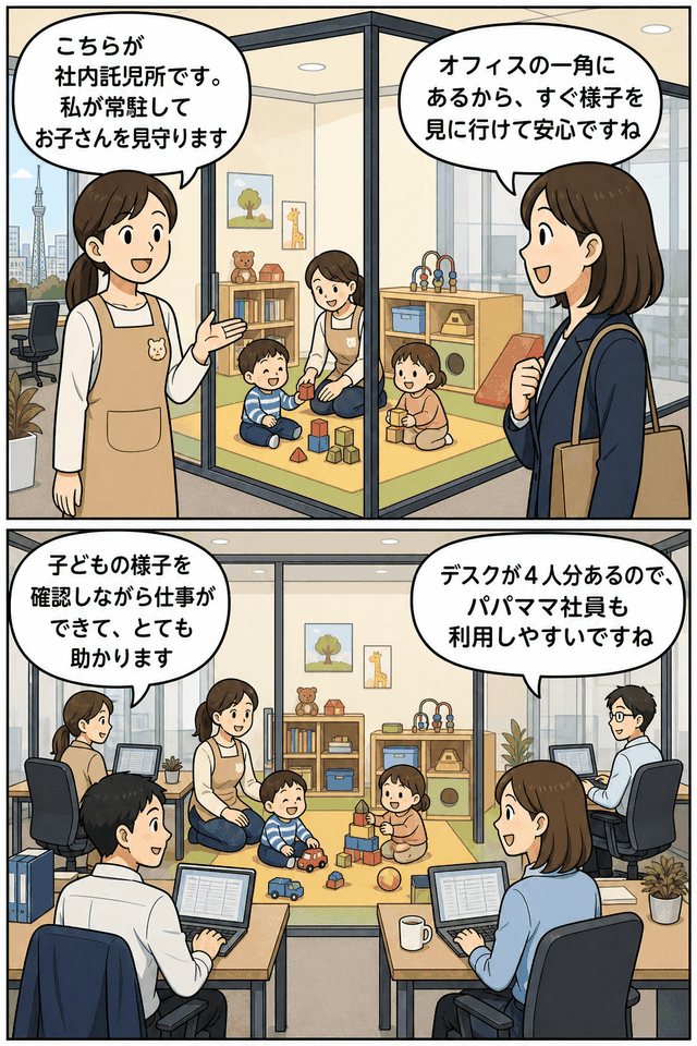 防音ガラスで囲まれた社内託児所に社員保育士が常駐し、パパママ社員が子どもの様子を見ながら働けるオフィス