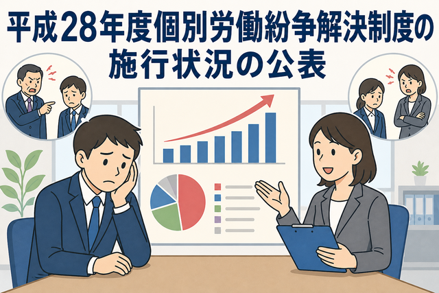 平成28年度個別労働紛争解決制度の施行状況を示すグラフと、労働相談を受ける男女のイラスト