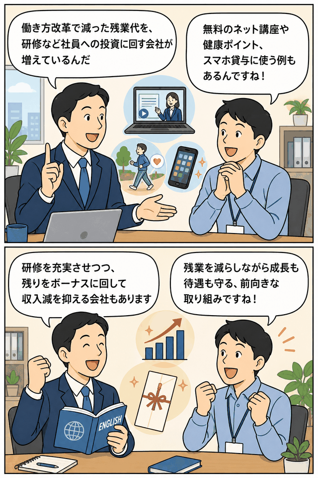 働き方改革で減った残業代を、無料ネット講座・健康ポイント・スマートフォン貸与・研修拡充・ボーナス還元など社員への投資に活用する取り組みを説明するビジネス漫画