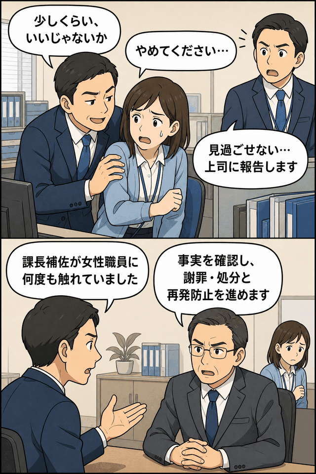三重県内の町で男性課長補佐による女性職員へのセクハラ行為が同僚の報告で発覚し、懲戒処分と再発防止対応が示されたイラスト