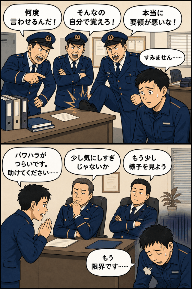 宮城県の消防署で若手消防士が上司3人から叱責され、署長らにパワハラ被害を訴える様子を描いた漫画風イラスト。