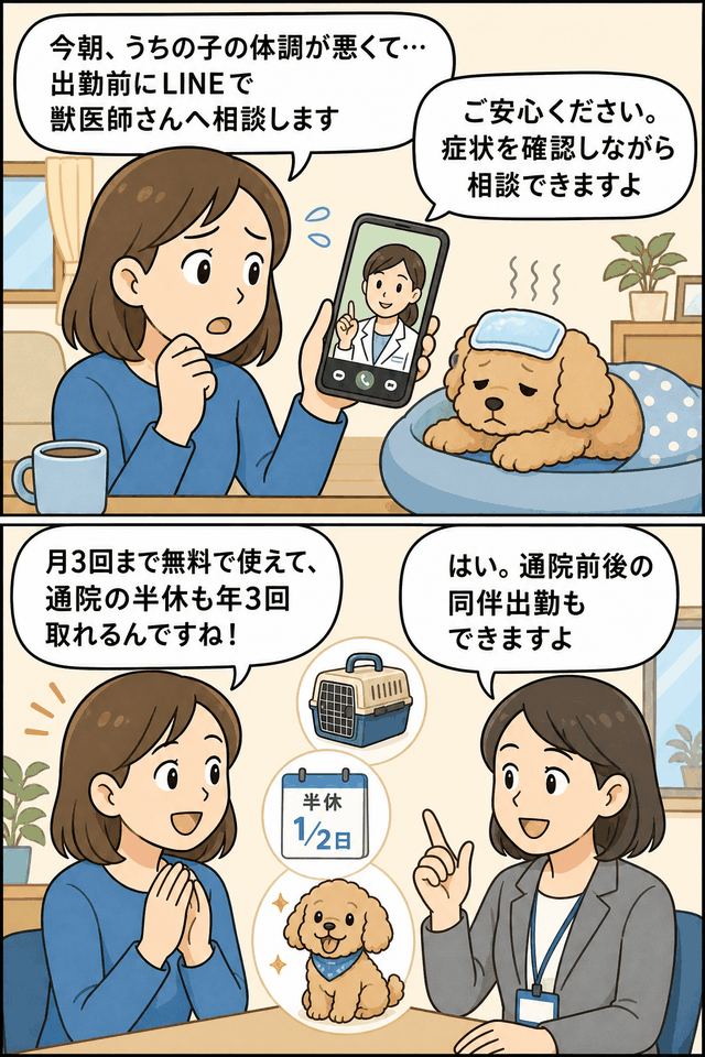 体調不良の犬を心配する社員が、出勤前にLINEで獣医師へ相談し、月3回の無料相談や通院時の半休取得について説明を受ける漫画イラスト