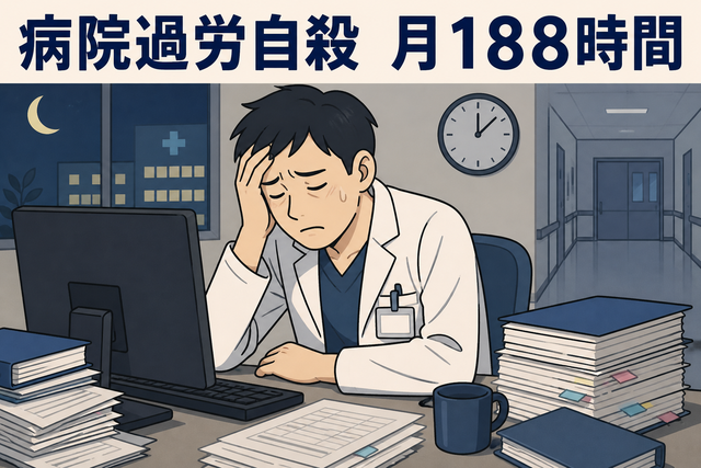 小樽市の病院で月188時間の時間外労働によりうつ病を発症し自殺した男性職員を描いたイラスト