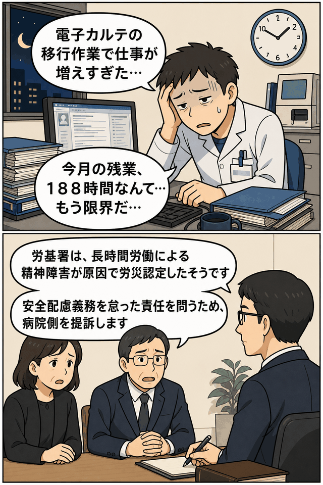 小樽市の病院職員が電子カルテ移行作業による長時間労働でうつ病を発症し、月188時間残業が労災認定された事例を描いた漫画