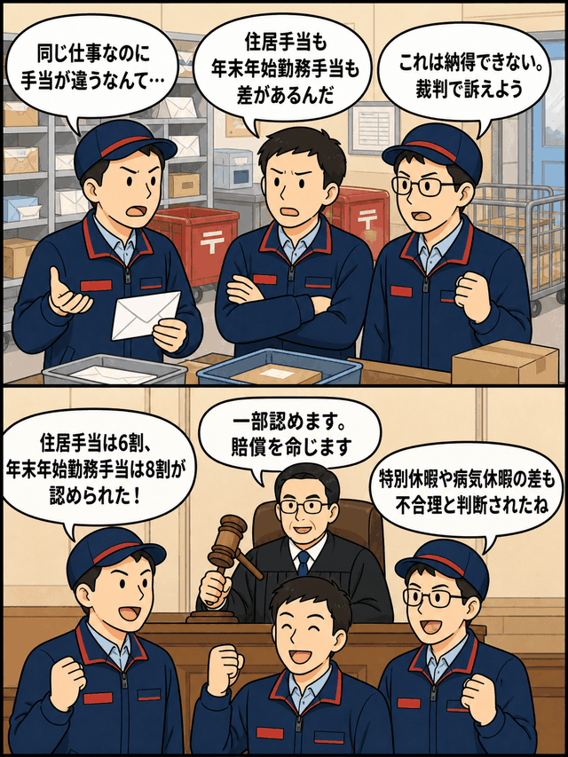 日本郵便の契約社員3人が正社員との手当格差を不合理として争い、東京地裁が住居手当や年末年始勤務手当の一部を認めた裁判の解説イラスト