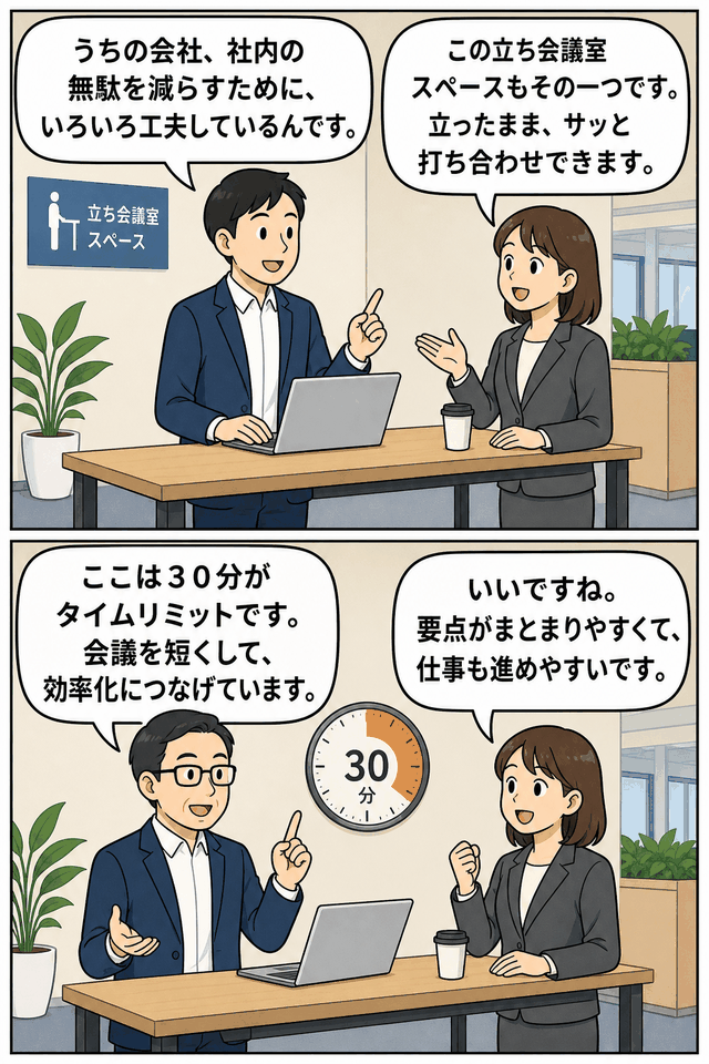 システム開発会社の立ち会議室スペースで、30分のタイムリミットを設けて効率的に打ち合わせを行う社員