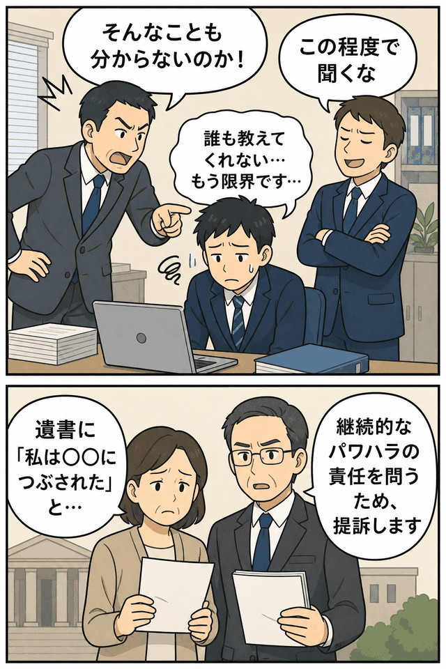 新入社員が上司や先輩から叱責や嘲笑を受け、パワハラを原因とする自殺について遺族が提訴する様子を描いた漫画
