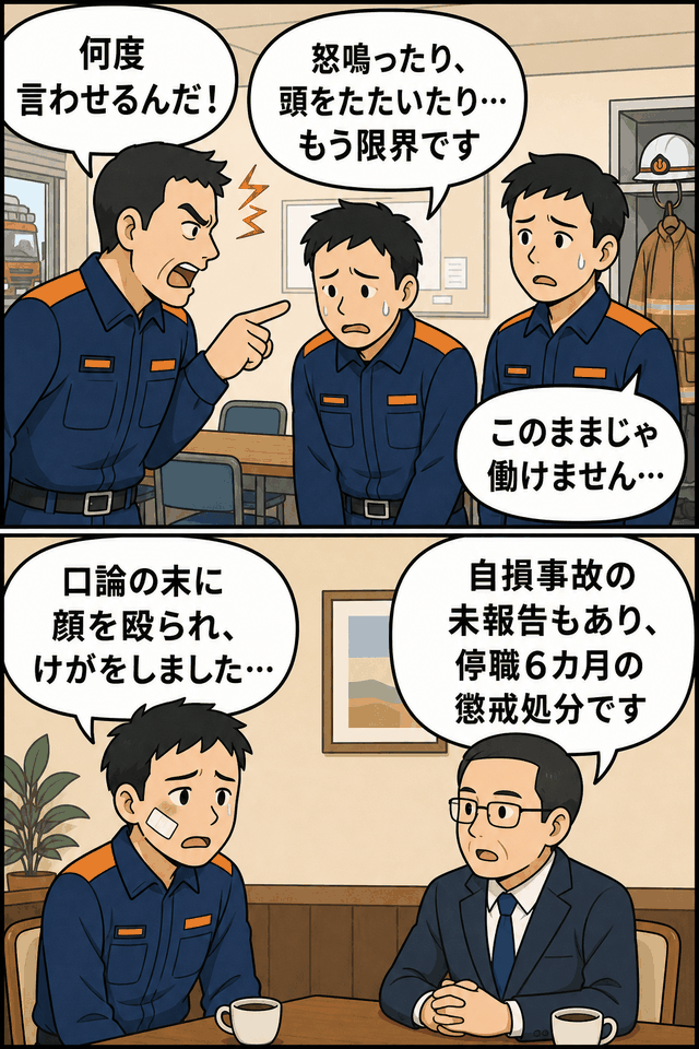 消防本部で部下への暴言や頭をたたく行為、後輩職員への傷害、自損事故の未報告が問題となり、消防士長が停職6カ月の懲戒処分を受けた事案を説明する漫画