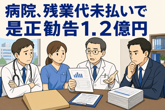 病院の残業代未払い問題について、医師や職員が資料を前に話し合う様子と「是正勧告1.2億円」の文字