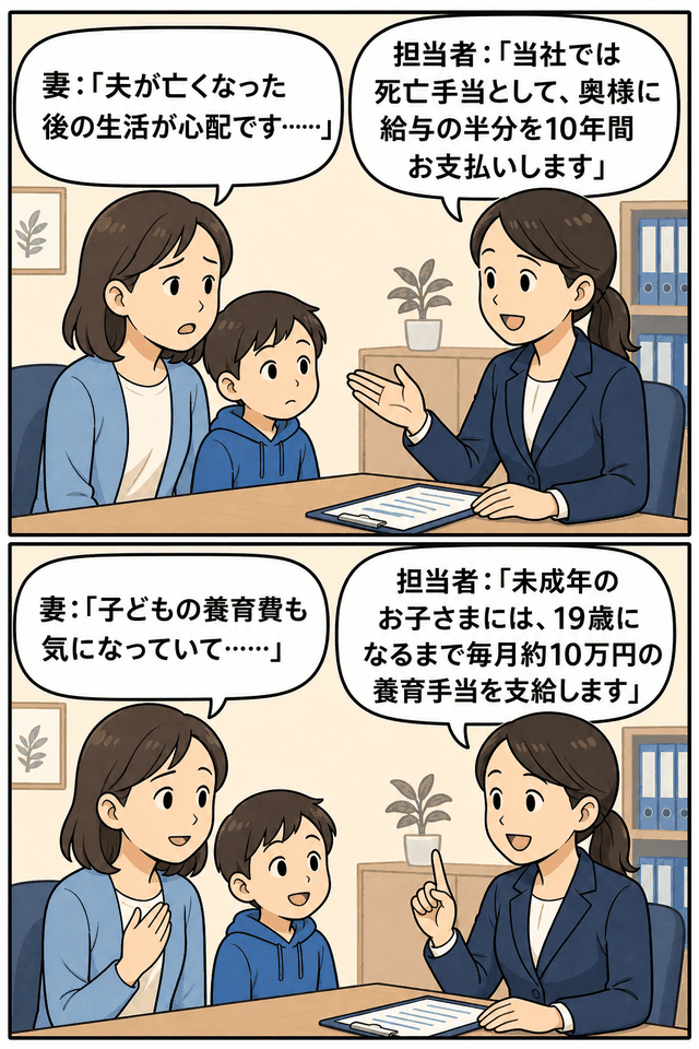 死亡手当と養育手当について、遺族となる妻と子どもが担当者から説明を受けている漫画イラスト