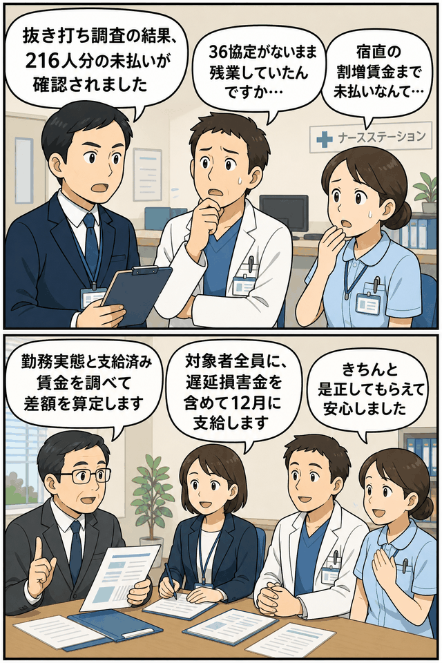 36協定未締結の市立総合病院で医師・看護師ら216人に未払い賃金が確認され、勤務実態調査後に遅延損害金を含めて支給する流れを描いた解説漫画