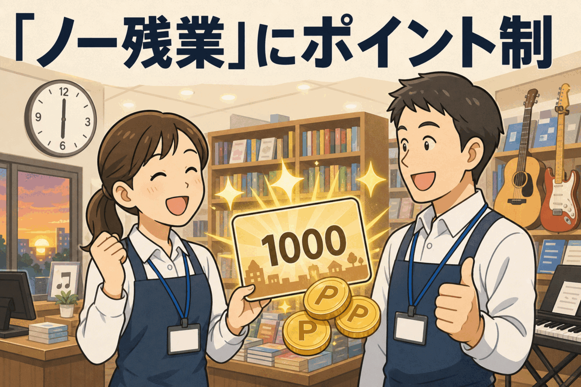 残業ゼロの従業員に1000円相当の地域ポイントを支給する書籍・楽器店の取り組みを説明する漫画イラスト