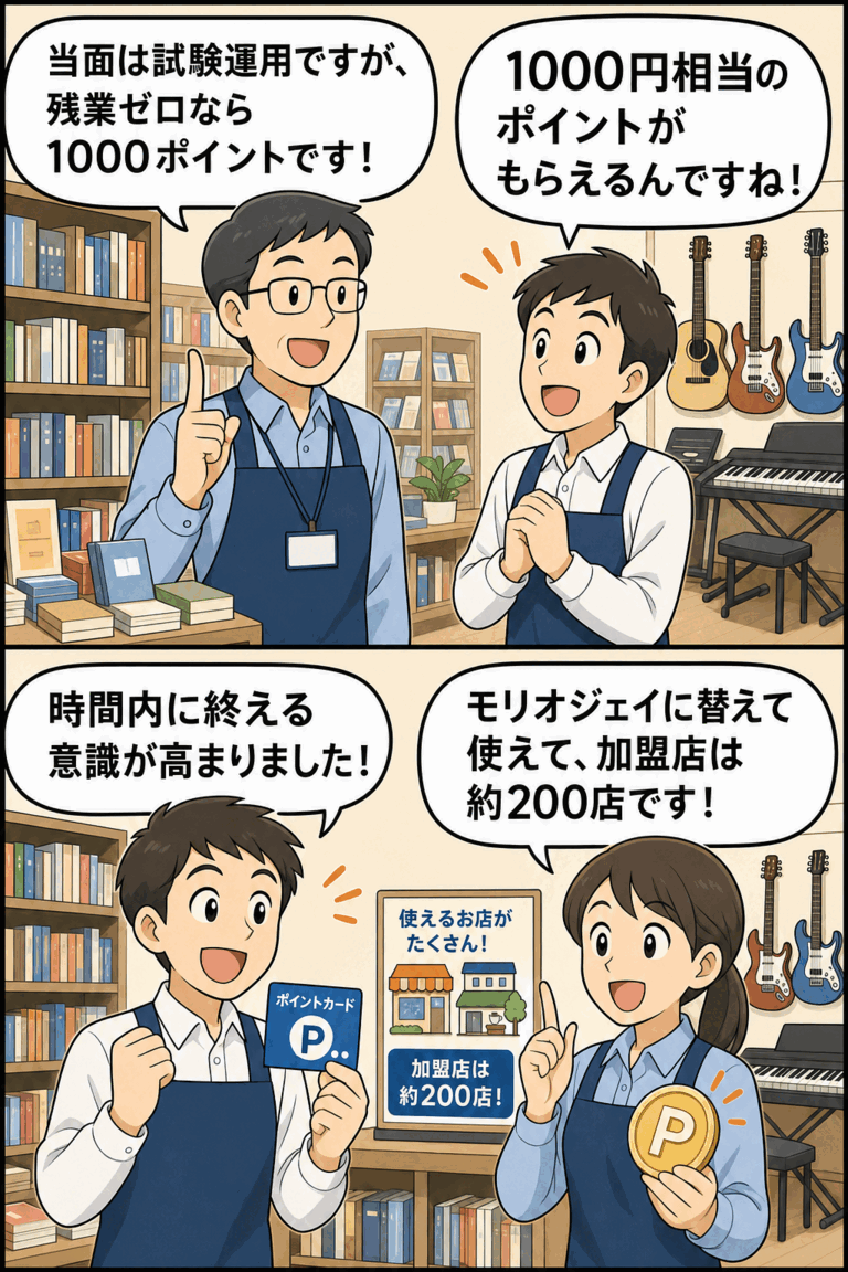 残業ゼロの従業員に1000円相当の地域ポイントを支給する書籍・楽器店の取り組みを説明する漫画イラスト