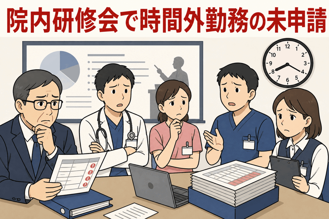 富山の病院で院内研修会などの時間外勤務が未申請となり、職員260人に残業手当約1887万円の未払いが判明した問題を示すイラスト