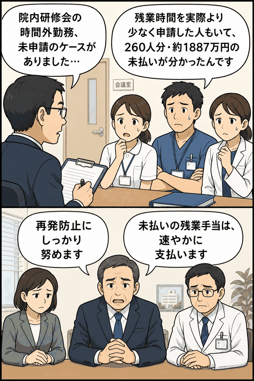 富山の病院で260人分・約1887万円の未払い残業手当が労基署調査で判明し、再発防止と速やかな支払いを説明する会議のイラスト