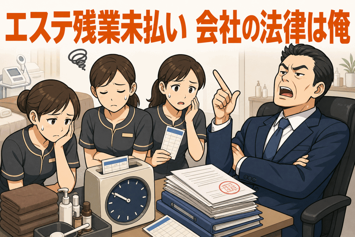 都内エステ店の女性エステティシャンが残業代未払いを訴え、会社側の「会社の法律は俺」発言や労基署の是正勧告を示すイラスト