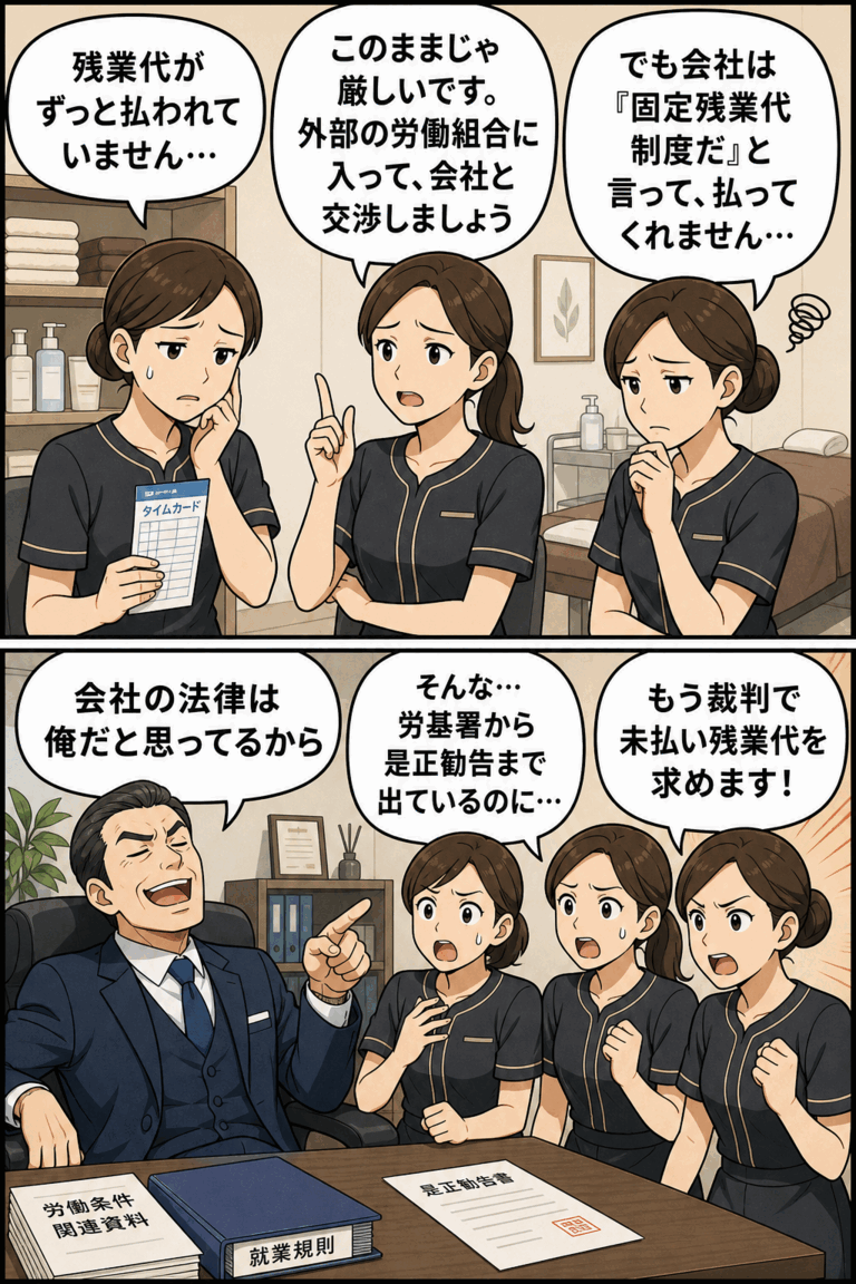 都内エステ店の女性エステティシャンが残業代未払いや固定残業代制度をめぐり、労働組合への加入、労基署の是正勧告、裁判での請求を決意する漫画イラスト