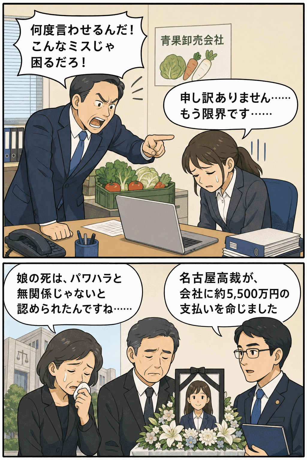 青果卸売会社でのパワハラや叱責を受けた女性の自殺をめぐり、両親が会社に損害賠償を求め、名古屋高裁が約5500万円の支払いを命じた裁判を描いた漫画画像
