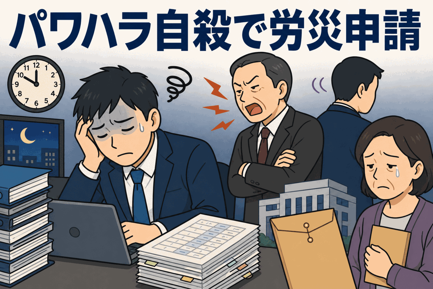 パワハラと長時間労働が原因で労災申請された神戸市洋菓子メーカー男性社員の自殺問題を表すイラスト