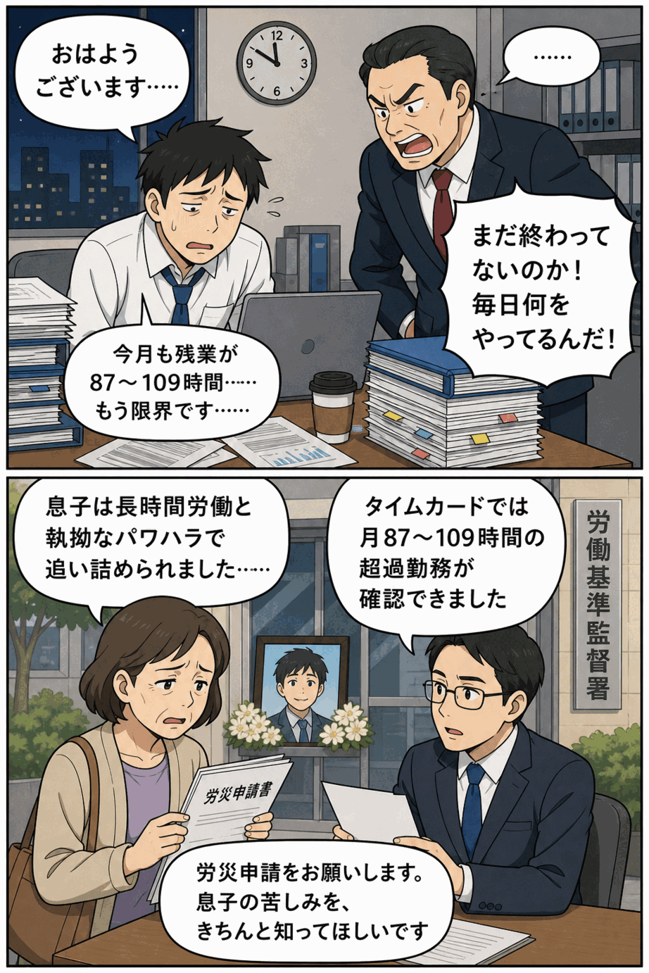 神戸市の洋菓子メーカー男性社員が長時間労働と上司のパワハラにより自殺し、母親が労災申請する経緯を描いた漫画