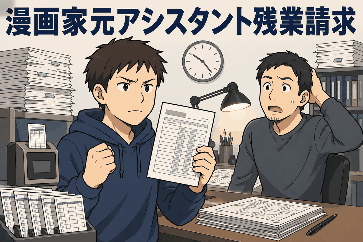 漫画家アシスタントが未払い残業代を請求する問題を描いたイラスト。長時間労働やタイムカード記録、漫画制作現場の労働環境を表現。