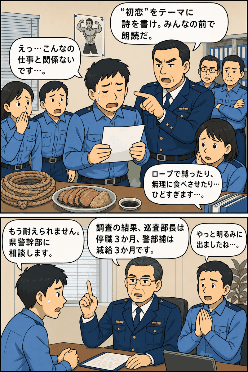 県警の災害対策課で巡査部長と警部補によるパワハラが発覚し、部下への暴力や強要行為、懲戒処分の内容を描いた漫画風イラスト