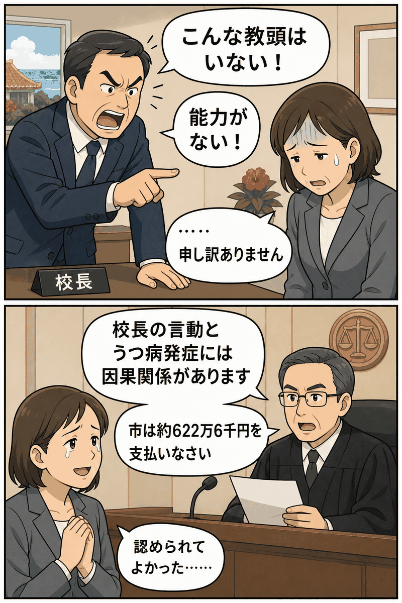 校長のパワハラにより女性教頭がうつ病を発症し、市に損害賠償命令が出された学校トラブルのイメージ