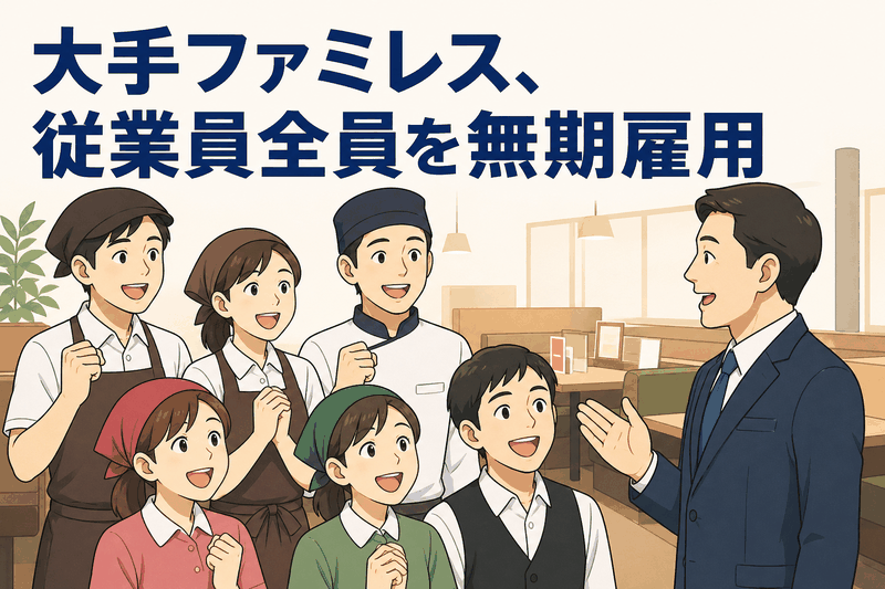 大手ファミリーレストランの従業員全員を無期雇用に切り替える方針を説明するイラスト