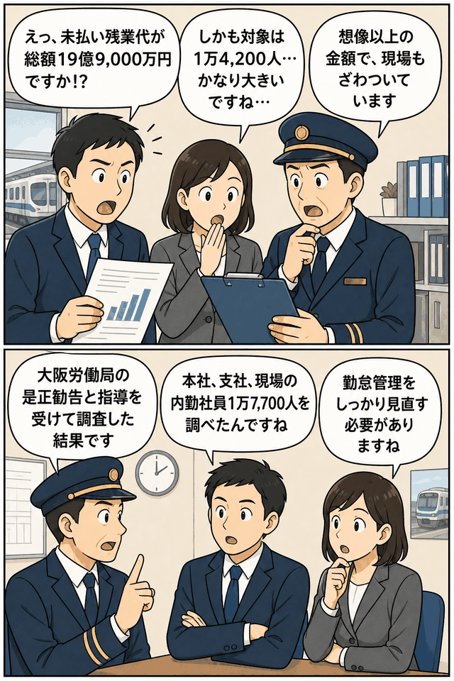 鉄道会社の未払い残業代19億9,000万円問題について、社員と駅員が是正勧告や勤務管理の見直しを話し合う漫画イラスト